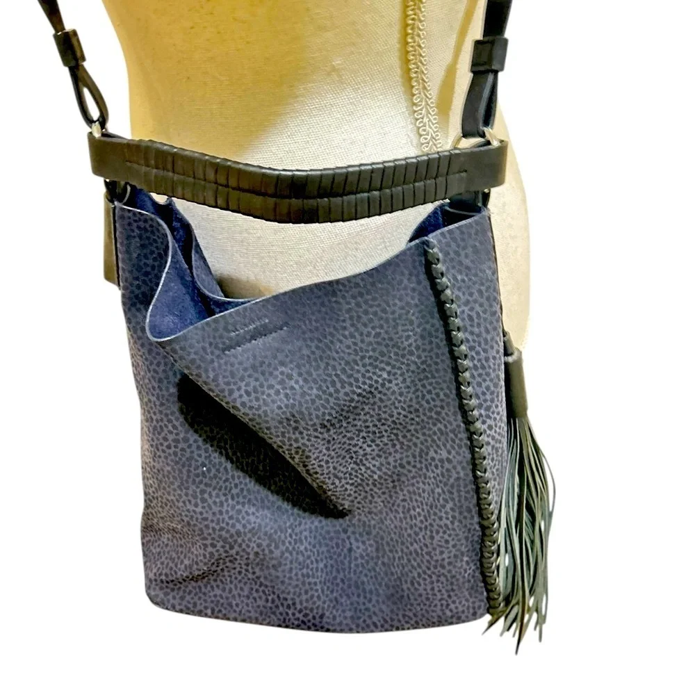 All Saints Navy & black dot leather buckle Crossbody Bag convertible tassel